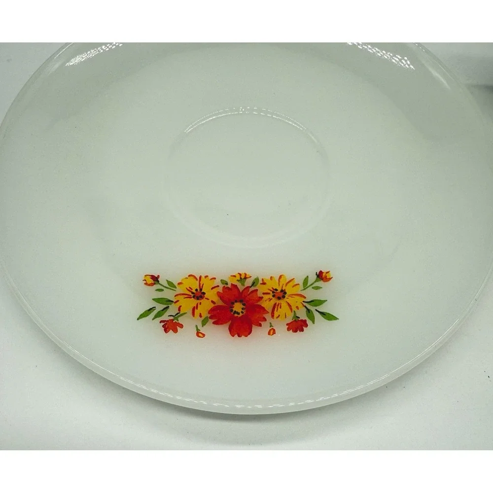 VTG Fire King Milk Glass Cup And Saucer Yellow Orange Flower Anchor Hocking‎